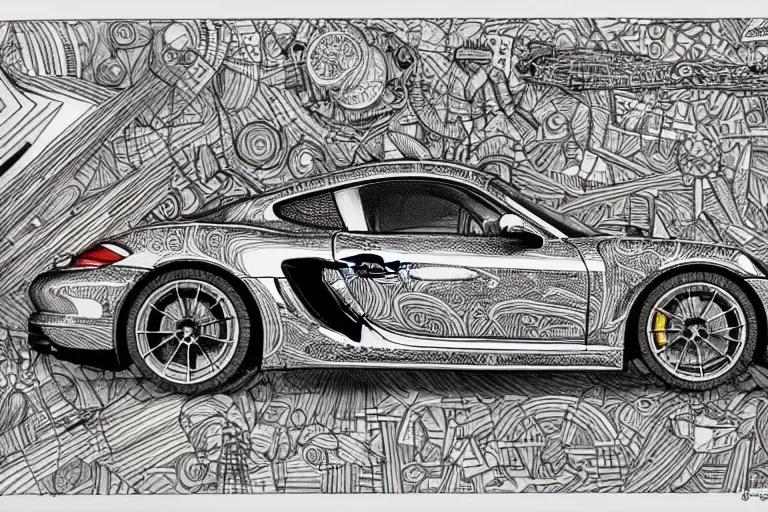 Image similar to a black and white drawing of a porsche cayman gt 4 rs, a detailed mixed media collage by hiroki tsukuda and eduardo paolozzi and moebius, intricate linework, sketchbook psychedelic doodle comic drawing, geometric, street art, polycount, deconstructivism, matte drawing, academic art, constructivism