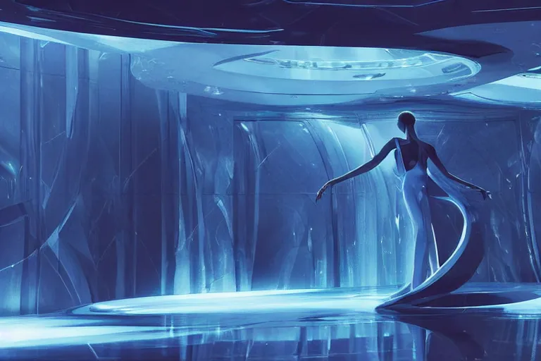 Image similar to vfx movie scene closeup of beautiful blue skin alien woman dancing in sleek futuristic decadent spaceship pillars, futuristic ballroom. giant windows view of earth obit. by emmanuel lubezki