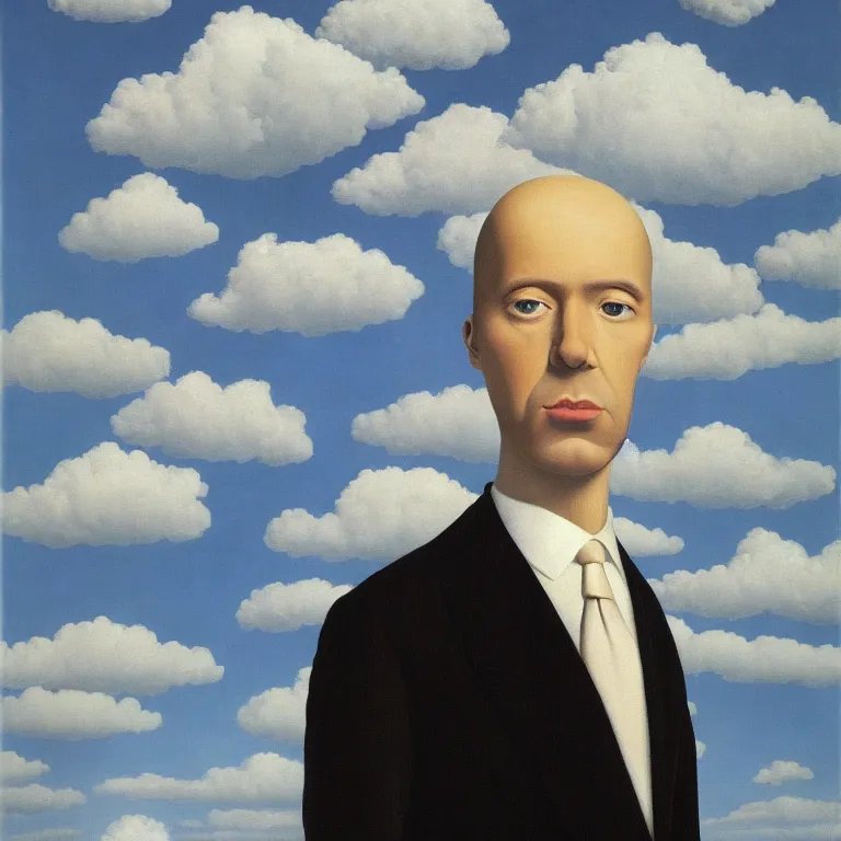 Image similar to portrait of a faceless mirror - head man in a suit, clouds in the background, by rene magritte, detailed painting, distance, middle centered, hd, hq, high resolution, high detail, 4 k, 8 k