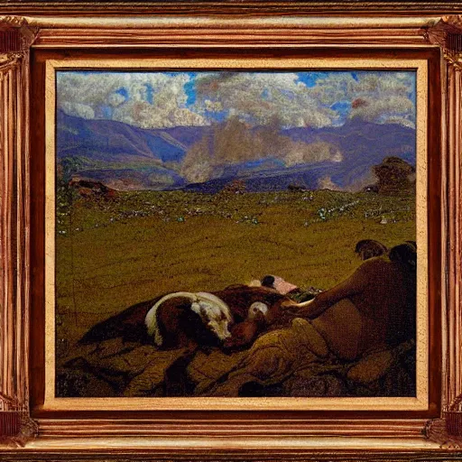 Image similar to inca insane by ford madox brown. a computer art of a beautiful scene of nature. the colors are very soft & muted, & the overall effect is one of serenity & peace. the composition is well balanced, & the brushwork is delicate & precise.