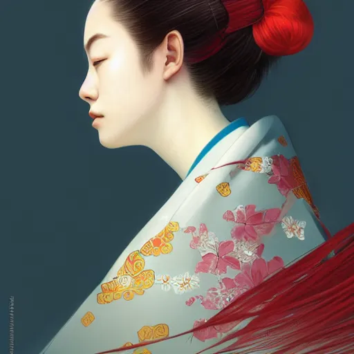 Prompt: side portrait of a japanese girl wearing a kimono, long hair, headshot, hyper realistic, pale skin, bright red hair, 4k, rule of thirds, extreme detail, detailed drawing, trending artstation, hd, fantasy, D&D, realistic lighting, by Alphonse Mucha, Greg Rutkowski, sharp focus, backlit, elegant