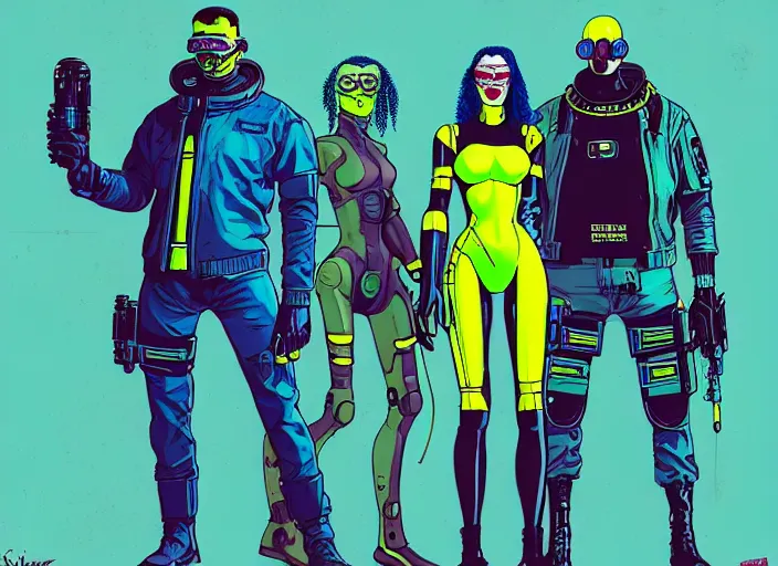 Prompt: cyberpunk hazmat nuclear containment squad. portrait by stonehouse and mœbius and will eisner and gil elvgren and pixar. character design. realistic proportions. cyberpunk 2 0 7 7 character art, blade runner 2 0 4 9 concept art. cel shading. attractive face. thick lines. the team. diverse characters. artstationhq.