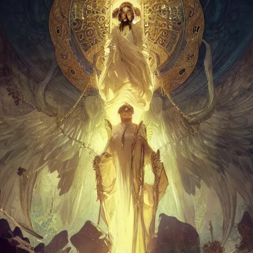 Prompt: book of enoch, angels capture demons with huge chains and send them to hell, by greg rutkowski and mucha and remington, trending on artstation