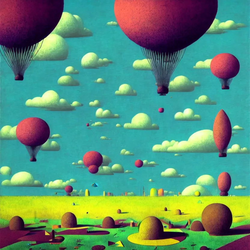 Image similar to surreal glimpse into other universe, airship floating, sky island, summer morning, very coherent and colorful high contrast, art by! gediminas pranckevicius, rene magritte! paul klee geof darrow, volumetric lighting, cinematic, floralpunk screen printing woodblock, dark shadows, hard lighting, stipple brush