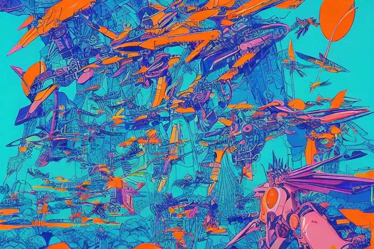 Image similar to risograph, gigantic mecha arzach birds with dragonflies, tiny rats, a lot of exotic animals around, big human faces everywhere, helicopters and tremendous birds, by satoshi kon and moebius, matte summer blue and neon orange colors, surreal psychedelic design, crispy, super - detailed, a lot of tiny details, 4 k, fullshot