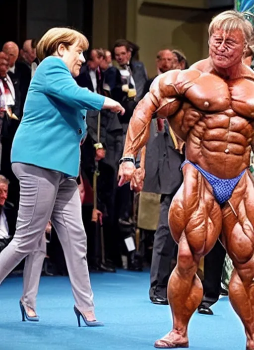 Image similar to angela merkel as a beautiful bodybuilder warrior with armature