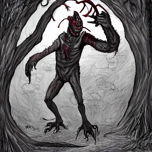 Prompt: big butcher anthropomorphic male lizardfolk posing scarily, scary angry pose, covered in blood, fresh kill, cleaver, in a forest, earie setting, lovecraft, eldritch, horror, hyperdetailed, furaffinity, deviantart, anthro art