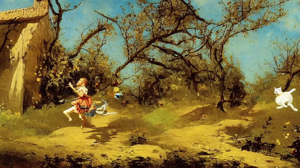 Prompt: carl spitzweg painting or a cat chasing a fairy in a sunny spring