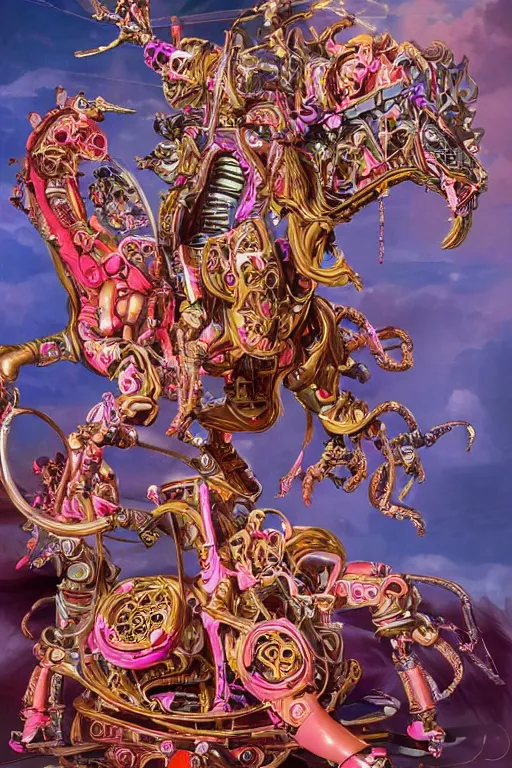 Image similar to full-body rococo and cyberpunk style sculpture of a young handsome Spanish prince half android with a chest exposing a glowing orange gem wearing high heel red boots, glowing pink laser eyes, crown of blue gears and giant diamonds, swirling salmon-colored silk fabric, robotic raptors dinosaurs. baroque elements. full-length view. intricate artwork by caravaggio. Trending on artstation, octane render, cinematic lighting from the right, hyper realism, octane render, 8k, depth of field, 3D