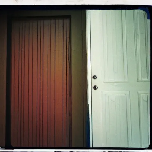 Prompt: low angle wide shot of the door, door is slightly open, the darkness behind it, with multiple white and yellow eyes glowing, eyes gleaming, eyes shining in the dark ominously, sunset, polaroid photo, by Warhol,