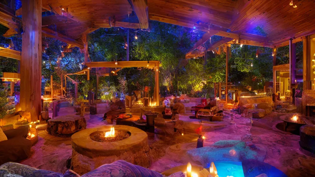 Image similar to party at midnight, in a modern house, peyote colors, fire pit, pool, hot tub, sauna, candles, people, cozy, warm, beautiful, cozy environment, ornate, intricate, glowing emitting light ornaments, 8 k, rule of thirds, cinematic, highly detailed, movie still