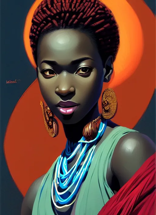 Prompt: a comic portrait of an african goddess, fine - face, realistic shaded perfect face, fine details. night setting. very anime style. realistic shaded lighting poster by ilya kuvshinov katsuhiro, magali villeneuve, artgerm, jeremy lipkin and michael garmash, rob rey and kentaro miura style, trending on art station