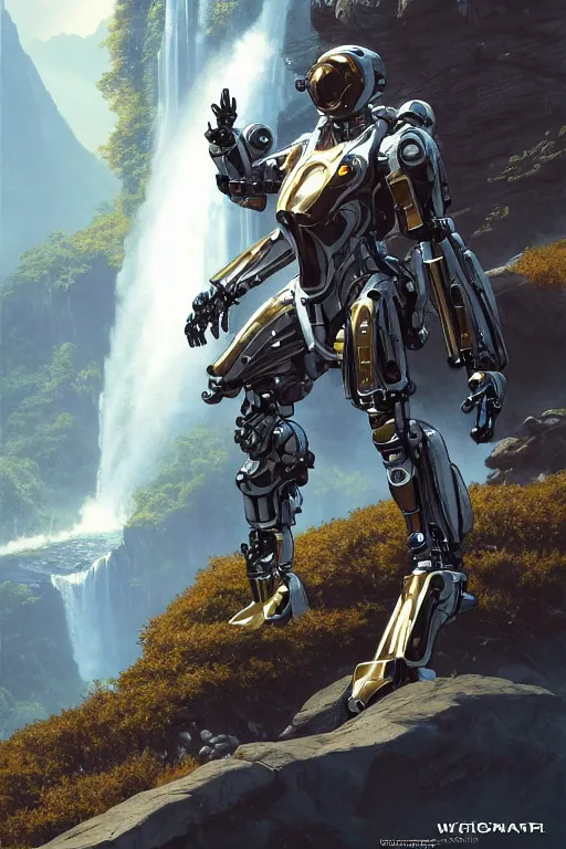 Prompt: detailed intricate digital illustration by greg rutkowski and artgerm and wlop and sanford robinson gifford ; sleek, chrome mech suit, floating with shimmering waterfall in the background ; 1 3 mm film, arri alfa anamorphic lens ; sharp focus, golden hour lighting, mist ; trending on artstation 4 k ; close view