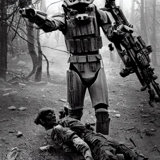 Image similar to war photography, the falling soldier, imperial stormtrooper, moment of death frozen in time, in endor, the body lies placidly on the ground, groundbreaking, breathtaking, awardwinning, by robert capa, digital intricate art, hyperrealist, detailed, 8 k, 3 5 mm, canon, extreme long shot