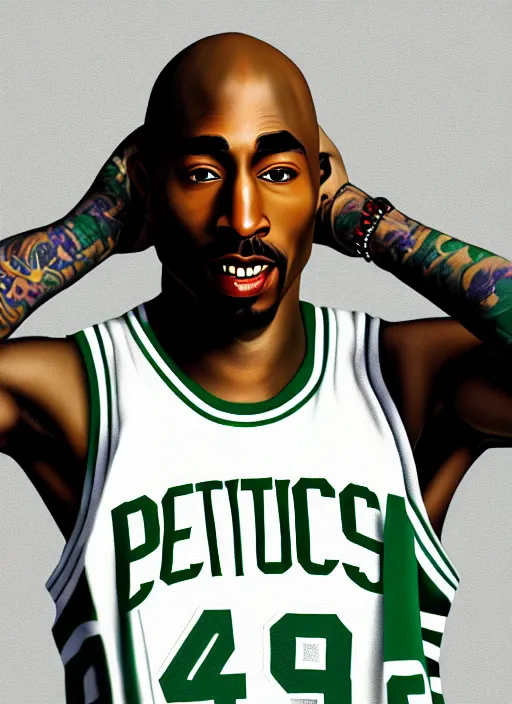 Image similar to portrait of tupac shakur, boston celtics jersey number 3 4, green, white, cartoon digital art, oil on canvas, trending on artstation, octane render