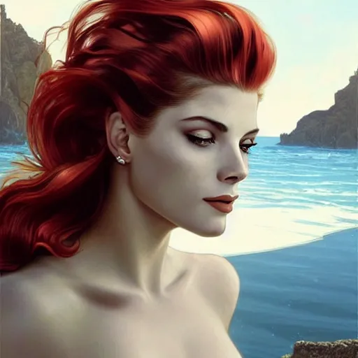 Image similar to A combination of Grace Kelly's and Katheryn Winnick's and Ashley Greene's faces with red hair as a mermaid half submerged on the beach, western, fantasy, intricate, elegant, highly detailed, digital painting, artstation, concept art, matte, sharp focus, illustration, art by Artgerm and Greg Rutkowski and Alphonse Mucha