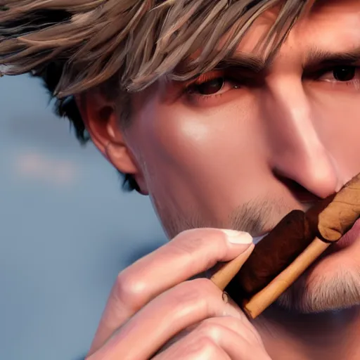 Image similar to a closeup photo of handsome gigachad xqc smoking a cigar, 8k photorealism, extremly detailed, trending on artstation