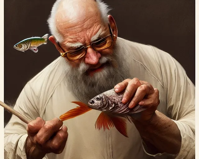 Prompt: detailed painting of an old man slapping a man with a fish, deep focus, d & d, fantasy, intricate, elegant, highly detailed, digital painting, artstation, concept art, matte, sharp focus, illustration, hearthstone, art by artgerm and greg rutkowski and alphonse mucha
