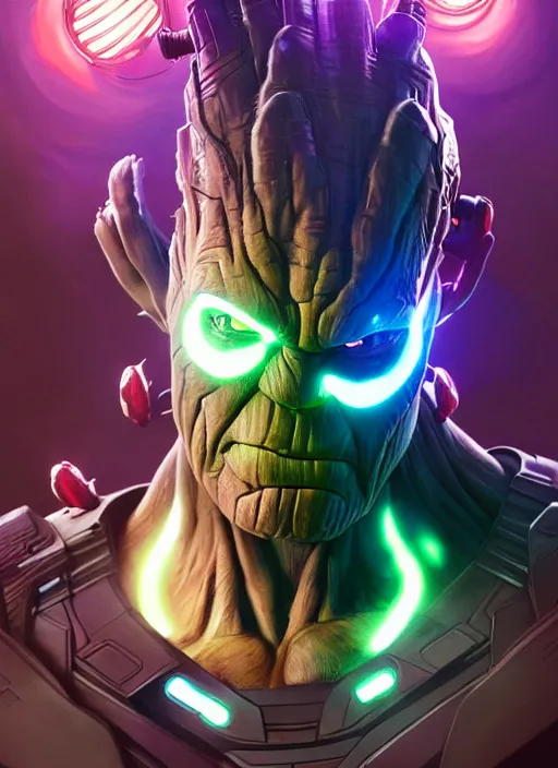 Prompt: portrait of apex legends groot, thanos, harley quinn, hulk, crew shot, intricate, elegant, glowing lights, highly detailed, digital painting, artstation, glamor pose, concept art, smooth, sharp focus, illustration, art by artgerm and greg rutkowski, artey freytag