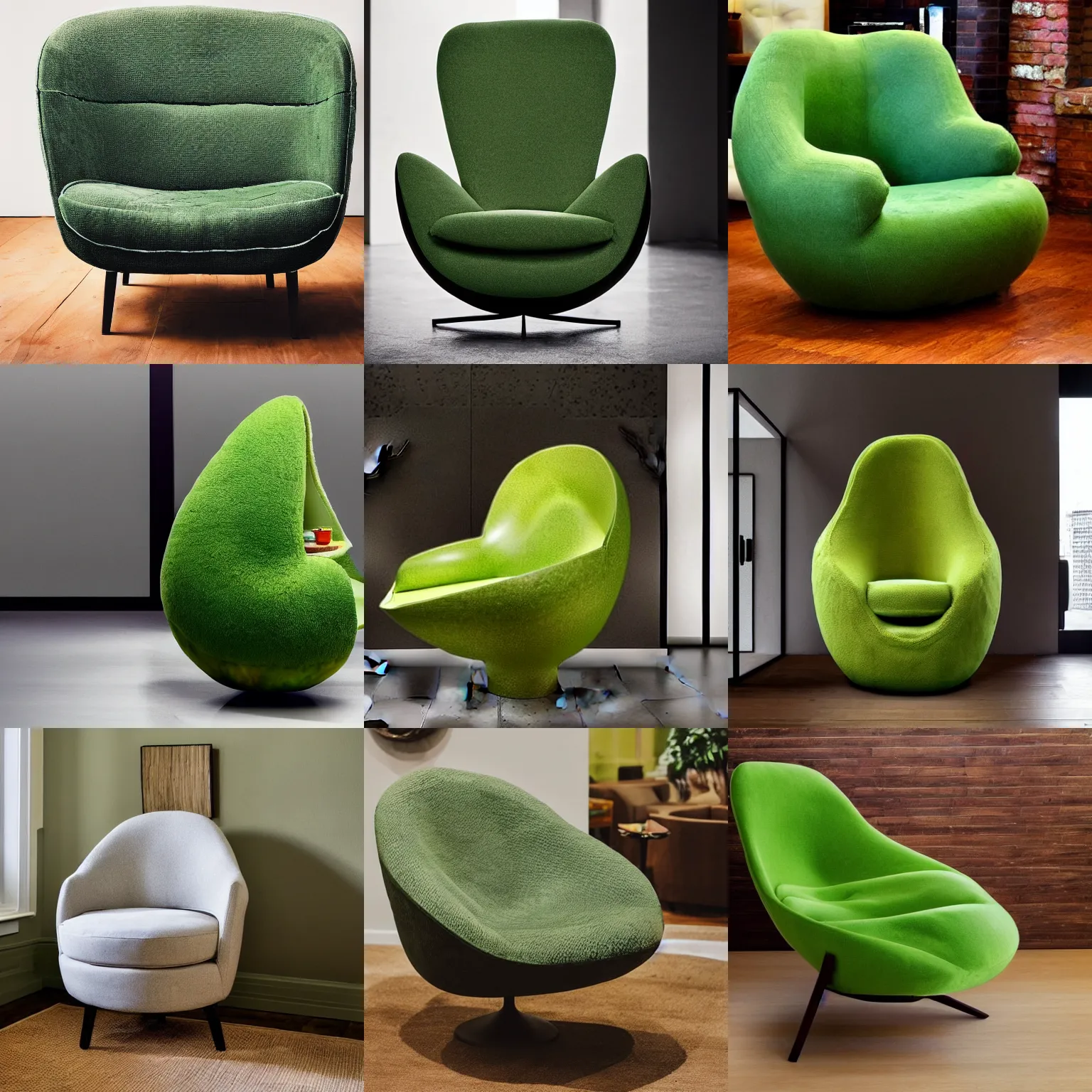 Prompt: an armchair in the shape of an avocado, dramatic lightning