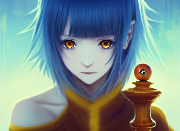 Image similar to rimuru playing chess, with amber eyes of gold color, straight hair, sky blue hair, long bangs, high collar, concept art, award winning photography, digital painting, cinematic, by wlop, anime key visual, wlop, 8 k, by ross tran, tom bagshaw, andy warhol