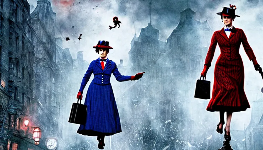 Image similar to mary poppins in resident evil, action film, horror film, cinematic style, 3 5 mm, film post process