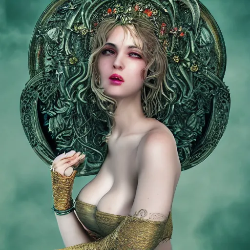 Prompt: Aphrodite Goddess of Love, intricate and natural colours, Tarot Card, seductive, erotic, tempting, portrait, character photography, Incredible green and black illustration, Exquisite detail, octane render, 8k, post-processing