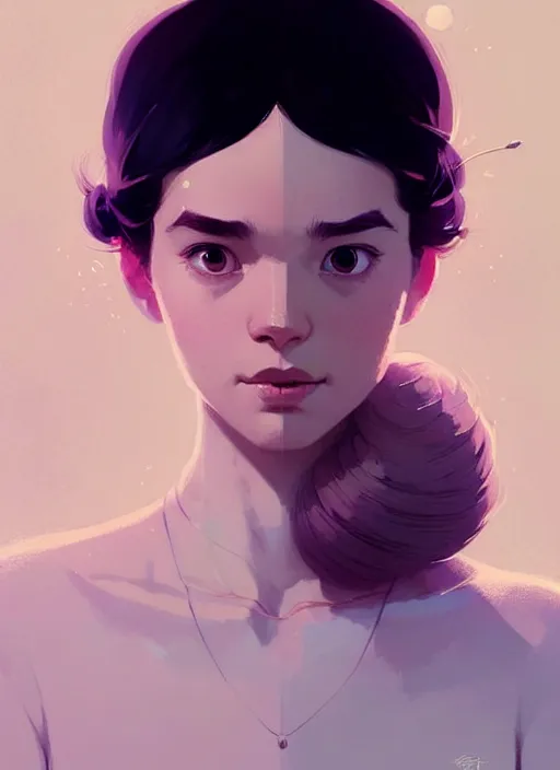Image similar to highly detailed portrait of an androginous person, soft background, ringlet hair by atey ghailan, by greg rutkowski, by greg tocchini, by james gilleard, by joe fenton, by kaethe butcher, gradient violet, black, cream and white color scheme, trending in pinterest, award winning details