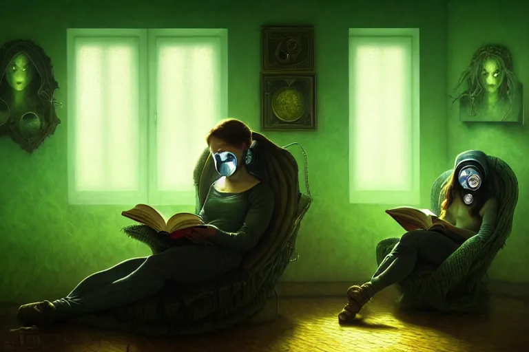 Image similar to girl with wearing a gas mask lying on the sofa reading a book in her room, in the style of tomasz alen kopera, solarpunk, atmospheric, clean, intricate and epic composition, green by caravaggio, insanely quality, highly detailed, masterpiece, blue light, artstation, 4 k