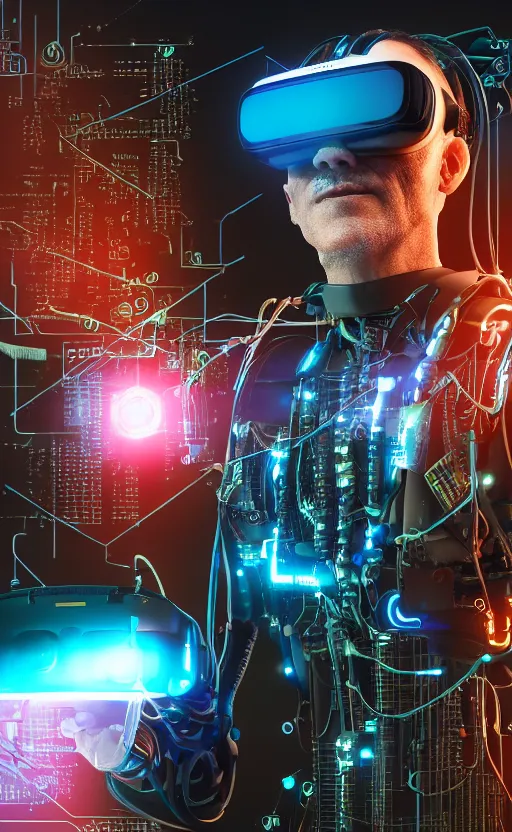 Image similar to a beautiful photo of a middle - aged bionic male cyborg, cyberpunk, circuit boards, electronic components, integrated vr headset, augmented vision, volumetric light, photography, dynamic lighting, color, intricate, extremely detailed, photorealistic, stunning, unreal engine 5