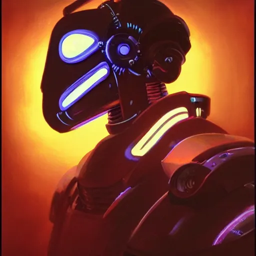 Image similar to a dark and colorful close - up side profile portrait of a sci - fi mecha robot with led lights glowing fog in the background. highly detailed science fiction painting by norman rockwell, frank frazetta, and syd mead. rich colors, high contrast, gloomy atmosphere, dark background. trending on artstation