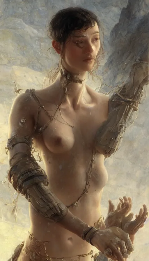 Image similar to epic masterpiece mila jovovic, sweaty skin, hyperrealistic, octane render, cinematic, beautiful face and flawless skin, perfect hands, 5 fingers, by Edgar Maxence and Ross Tran and Michael Whelan, Legends of Runeterra