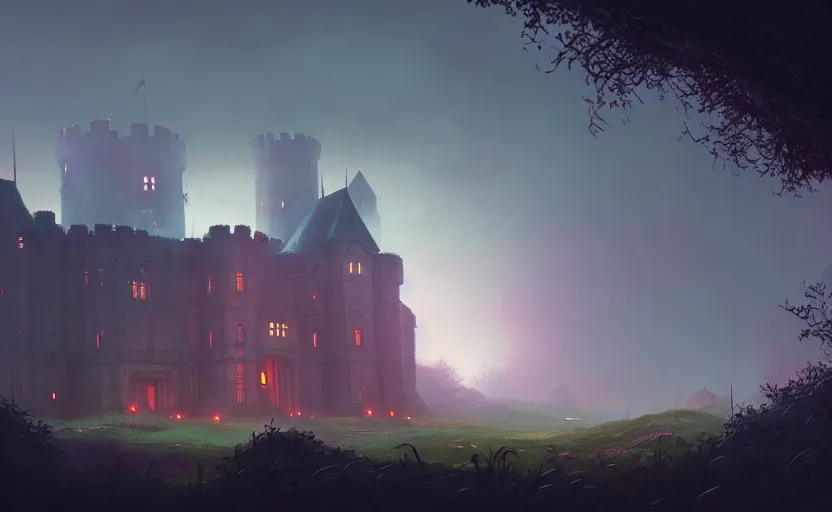 Image similar to an old english castle covered by plants with moody and cinematic lighting by greg ruthkowski and simon stalenhag jama jurabaev, cinematic and atmospheric, concept art, artstation, trending on artstation