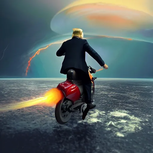 Prompt: trump riding on an atom bomb into a hurricane, trending on artstation, photorealistic, high resolution, octane, unreal engine, digital,