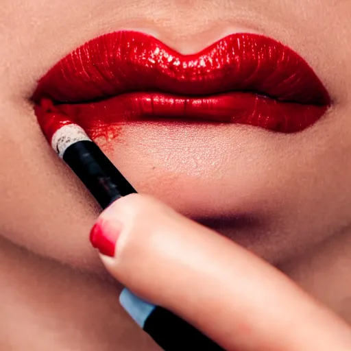 Image similar to woman smoking a cigarette, ( red lipstick ), lips on cigarette, puckering, smoke, close up