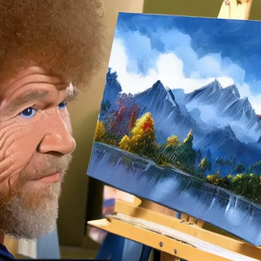 Image similar to a closeup photorealistic photograph of bob ross working on a canvas painting of spiderman. film still. brightly lit scene. mountains and trees. this 4 k hd image is trending on artstation, featured on behance, well - rendered, extra crisp, features intricate detail, epic composition and the style of unreal engine.