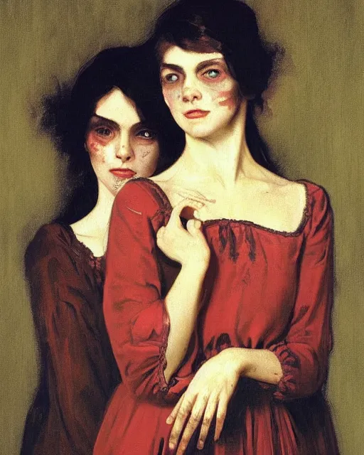Prompt: a baroque painting of two beautiful but creepy siblings wearing oxford shirts in layers of fear, with haunted eyes and dark hair, 1 9 7 0 s, seventies, wallpaper, a little blood, morning light showing injuries, delicate embellishments, painterly, offset printing technique, by brom, robert henri, walter popp