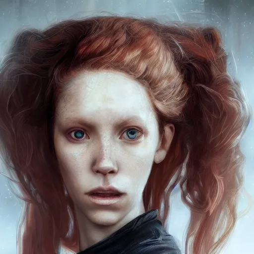Image similar to portrait of woman with strawberry blond hair by bastien lecouffe - deharme and charles bowater, bangs, ponytail, greg rutkowski, black tank top, inspired by diablo concept art