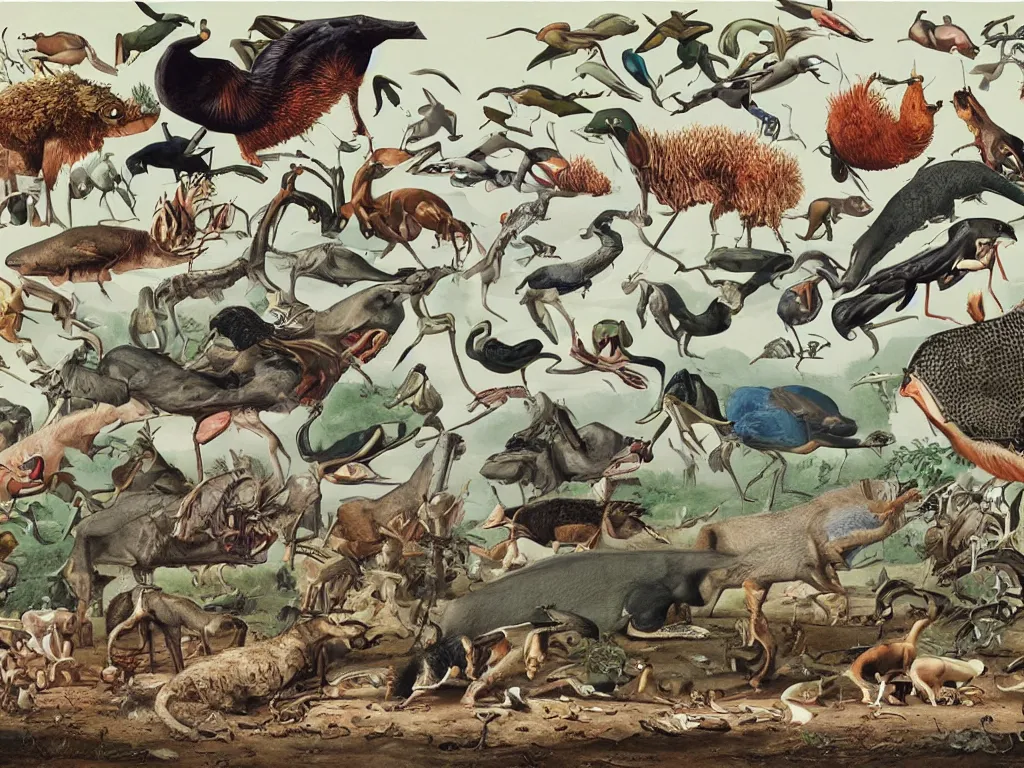 Prompt: The evolution of life. Painting by Walton Ford