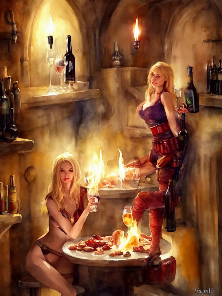 Image similar to blonde hot woman in wine cellar, boba fett, drinking beer, eating meat, cozy, inviting, atmospheric, torches on the wall, watercolor by vladimir volegov