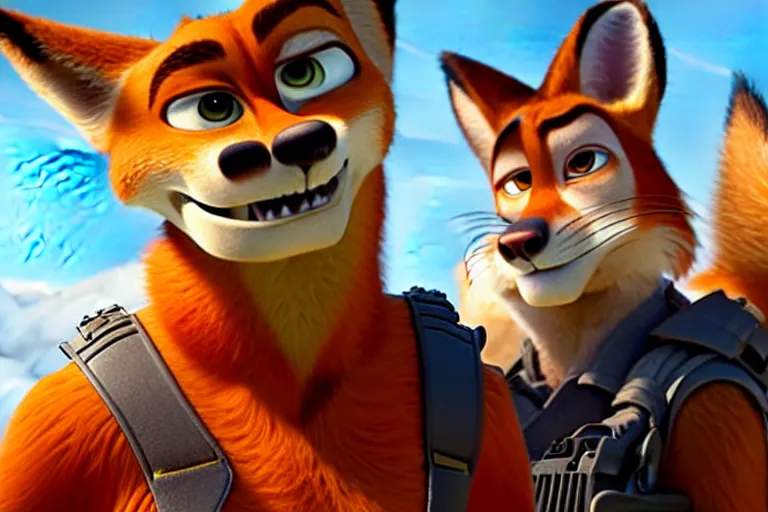 Image similar to nick wilde ( from zootopia ), heavily armed and armored facing down armageddon in a dark and gritty reboot from the makers of mad max : fury road