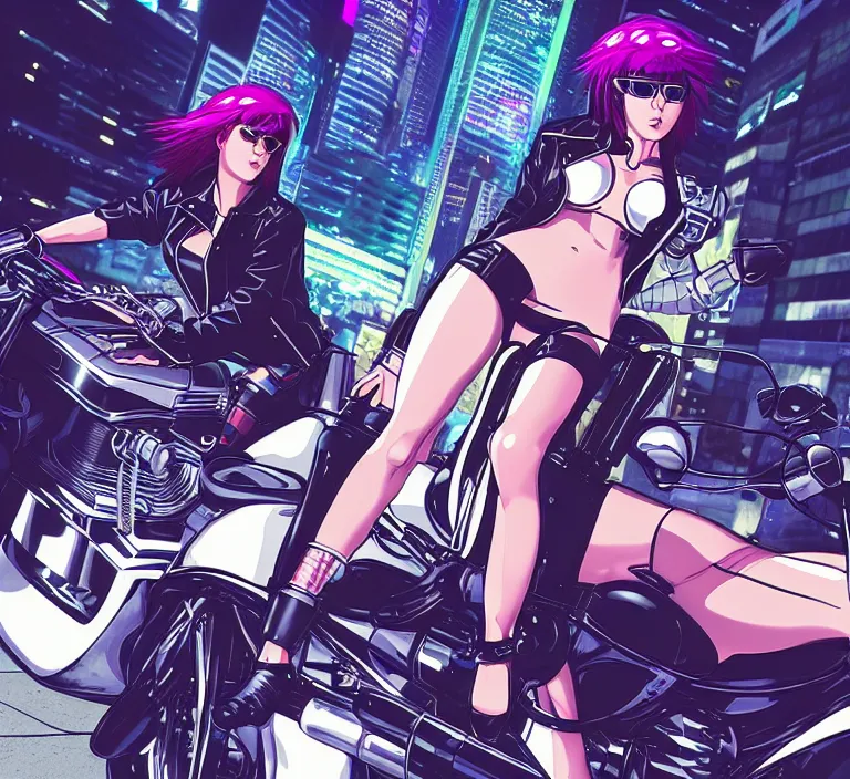 Image similar to motoko kusanagi riding a cyberpunk vehicle in a grungy cyberpunk megacity, bosozoku gang war, cyberpunk vaporwave, by phil jimenez, artgerm, sola digital arts, anti aliasing, raytracing