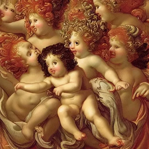 Image similar to cherubs with flaming hot cheetos for hair, extremely detailed, a baroque painting, rococo style