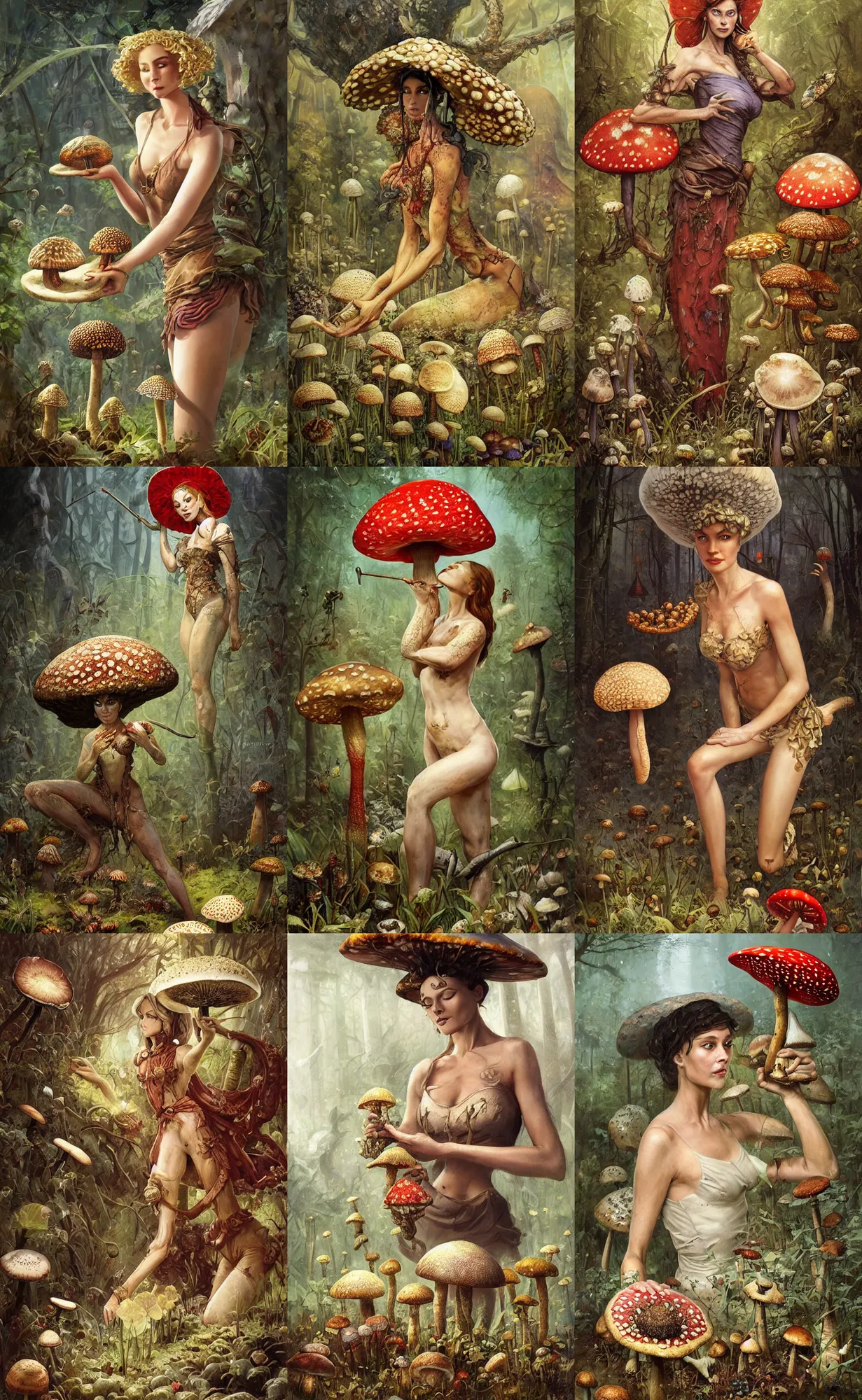 Prompt: A mixed media portrait painting of a beautiful mycologist woman tending her amanita muscaria mushroom grove, detailed Aesthetic! face and eyes, slavic, by Frank Frazetta, Greg Rutkowski, Beeple, Boris Vallejo, Christian MacNevin, epic fantasy character art, high fantasy, CGsociety, full length, exquisite detail, post-processing, masterpiece, cinematic