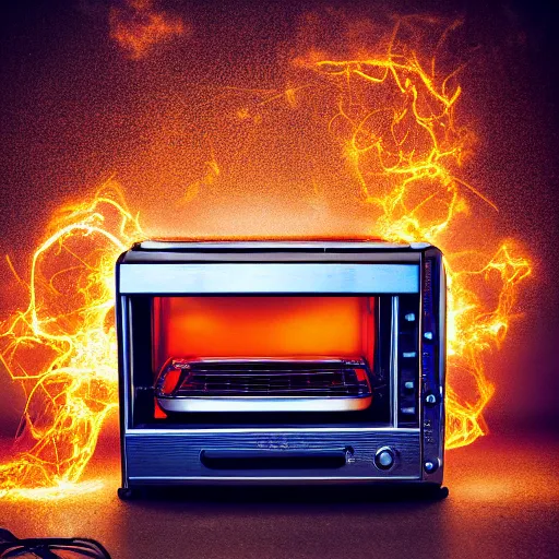 Image similar to toaster oven suspended by lots of metallic cables, symmetry, dark messy smoke - filled cluttered workshop, dark, dramatic lighting, orange tint, sparks, cinematic, highly detailed, sci - fi, futuristic, movie still