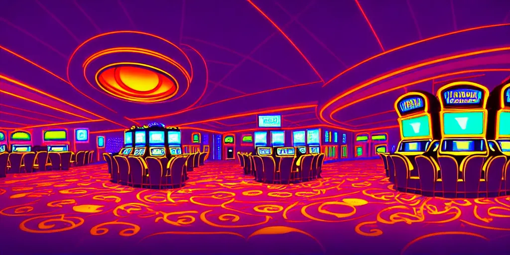 Image similar to extreme wide angle curly perspective digital art of indoor casino with a stage pale colors by anton fadeev from nightmare before christmas