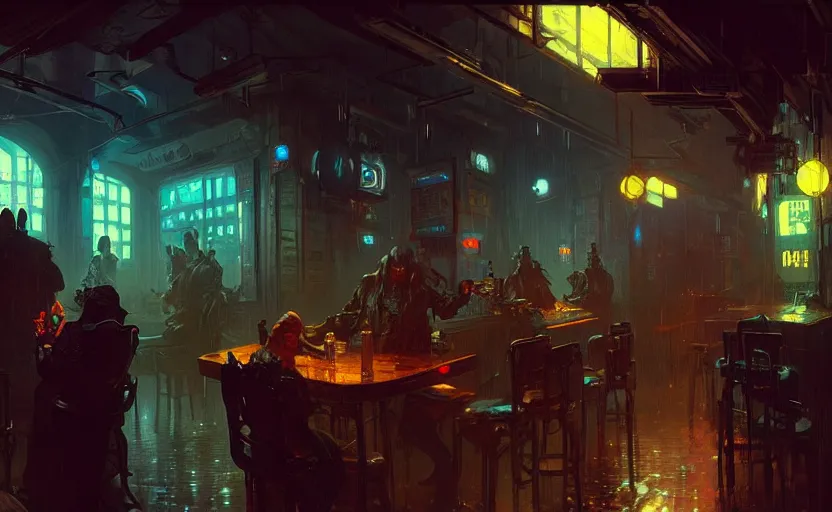 Image similar to a cyberpunk tavern with rainy and moody cinematic lighting by darek zabrocki and greg ruthkowski, alphonse mucha, simon stalenhag and cinematic and blue cold atmospheric, concept art, artstation, trending on artstation