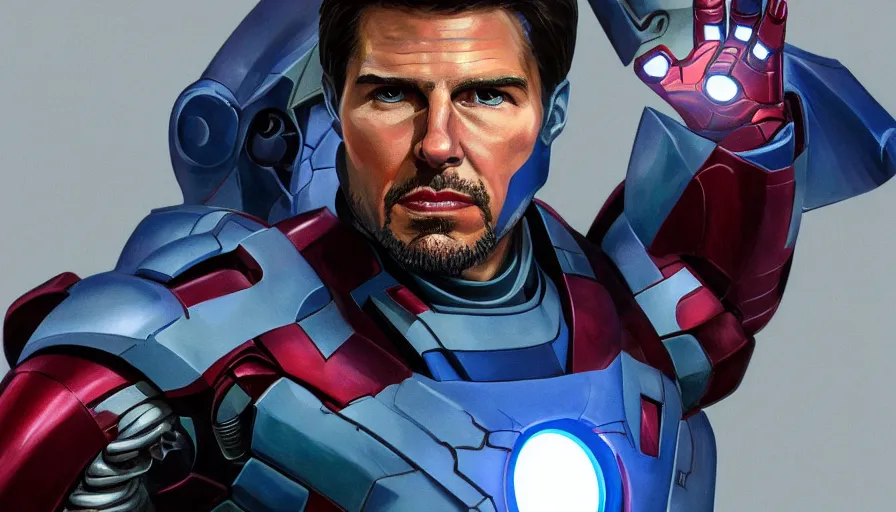 Prompt: hand painted bust of tom cruise as iron man in blue armor, hyperdetailed, artstation, cgsociety, 8 k