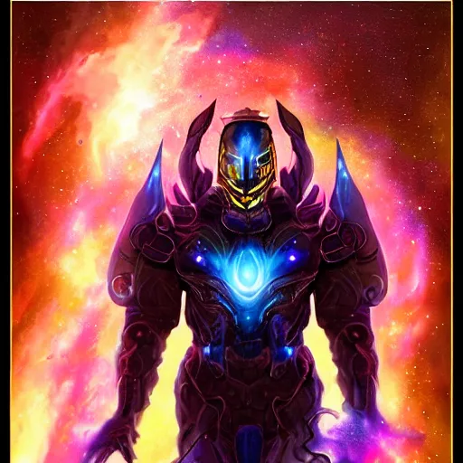 Image similar to photorealistic fantasy cosmic concept art of a cosmic nebula God in dark matter armor hovering in a unknown galaxy, fully body portrait, cinematic, dynamic lighting, ultra detailed, creative, trending on art station