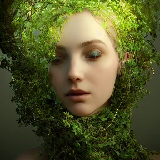 Image similar to ultra realistic 3 d render of a nature goddess made of vines and flowers rising out of the water by charlie bowater, beautiful, bioluminescent, ethereal, mist